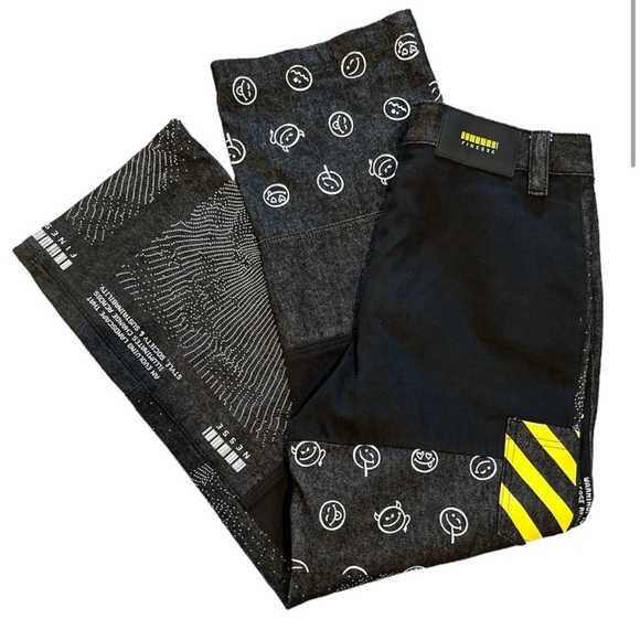 Black and Yellow Straight Leg Jeans with Patchwork Design - Picture 2 of 3